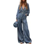 ,Blau,M,Damenbekleidung Jumpsuit Langarm V-Ausschnitt Romper Gerade Bein Mid Waist Denim Jumpsuit Weite Bein Hose