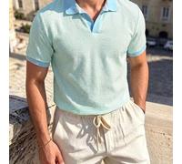 Blau-weiß gestreiftes strukturiertes Strick-Polo, minimalistischer tropischer Casual-Stil, Sommer, Urlaub, täglicher Arbeitsweg, Date-Urlaub