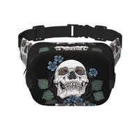 Blaue Blumen und Totenkopf, Unisex, verstellbare Taille, quadratisch, doppellagig, Hüfttasche für Outdoor-Aktivitäten, Reisen, Laufen, Wandern, Schwarz , Einheitsgröße