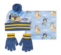 Blaue Bommelmütze + Snood-Schal + Handschuhe-Set für Jungen und Mädchen, 3-teiliges Winter-Set als Geschenk