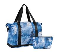Blaue Reisetasche mit Schmetterlings-Blumen-Motiv, Wochenendtasche, Übernachtungstasche mit Kulturbeutel für Fitnessstudio, wasserdicht, Blaue Schmetterling Blume, 1 size