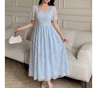 Blauer Spitzen-Midi-Kleid mit quadratischem Kragen und Taillengürtel, transparentes Mesh-Kleid im französisch-romantischen Stil für Dates