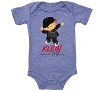 Blauer-Storch Baby Body in Heather Blue Klein aber mit Rhythmus, cooler Hip Hop Tanz-Bär Spruch Geschenk zur Geburt zum Geburtstag für Kleinkind Kurzarm Bio Baumwolle