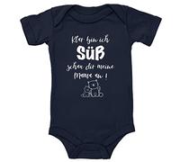 Blauer-Storch Baby Body mit Spruch Klar bin ich süß schau dir meine Mama an Kätzchen Geschenk für Kleinkind Kurzarm Bio Baumwolle