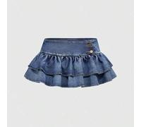 Blauer Vintage Y2K Millennium-Stil ultra-tief taillierter extrem sexy Mini-Denim Rock mit doppellagigem Rüschensaum