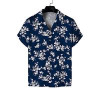 Blaues Herren-Hawaiihemd Mit Camp-Kragen - Cartoon-Weiße Blumen, Bedruckter Knopf-Cardigan, Funky Beach-Männerbluse, Lässiges, Klassisches Kurzarm-Aloha-Hemd, Lockeres Alltagskleidungshemd, 4Xl