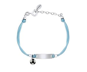 Blaues Kinderarmband Pelé mit Fußball, Plättchen und Verschluss aus Silber 925