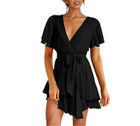 Blaues Kleid für Damen - Damen Kleid mit tiefem V-Ausschnitt, kurzärmlig, Größe Krawatte mit Rüschen, Mini-Schaukelkleid, robust, elegantes Kleid, schwarzes Kleid, gerader Schnitt, Schwarz, Small