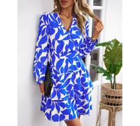 Blaues langärmeliges V-Ausschnitt-Kleid - Slim Fit, gestufte Rüschen, Größen S-XL