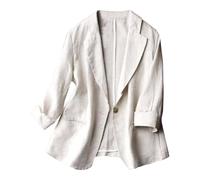 Blazer aus Leinen, für Damen, lässig, Vintage, Reverskragen, schicke und elegante Anzugjacke, Langarm, mit einem Knopf, leichte Strickjacke, dünne Jacke, für die Arbeit im Büro, beige, 50