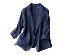 Blazer aus Leinen, für Damen, lässig, Vintage, Reverskragen, schicke und elegante Anzugjacke, Langarm, mit einem Knopf, leichte Strickjacke, dünne Jacke, für die Arbeit im Büro, blau, 50