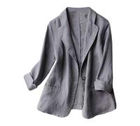 Blazer aus Leinen, für Damen, lässig, Vintage, Reverskragen, schicke und elegante Anzugjacke, Langarm, mit einem Knopf, leichte Strickjacke, dünne Jacke, für die Arbeit im Büro, grau, 50