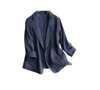 Blazer Damen,Baumwoll-Leinen-Blazer-Jacke Anzug Sommer 3/4-Ärmel-Cardigan Offene Vorderseite Eingekerbte Tasche Arbeit Business Casual Blazer Anzüge Jacke Für Damen Leichte Anzugjacke,Marineblau,