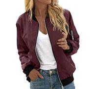 Blazer Damen, Bomberjacke Damen Kurze Blouson Jacke Casual Reißverschluss Pilotenjacke Langarm Outwear Zip Up Solid Color Leichte Coats Sweatjacke, Rot, L