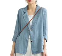 Blazer Damen,Damen-Blazer, Hellblau, Locker, Baumwolle, Leinen, Reversknopf, Vorne Offen, Strickjacke, Langarm, Freizeit, Arbeit, Büro, Kurz Geschnittene Blazer-Jacke Für Damen, Formelle Blazer-Ja