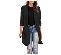 Blazer Damen Elegant Einfarbig 3/4-Arm Sakko Lang Business Outfit Slim Fit Revers Jacke Mantel Herbst Strickjacke Blazer mit Taschen Gehrock Knopfleiste Cardigan (Schwarz, XL)
