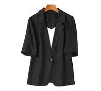 Blazer Damen Elegant,Elegante Kurzarm-Blazerjacke Baumwoll-Leinen-Bolero Leichte Sommerjacken Fallendes Revers Tasche Slim Fit Business-Bürojacke Anzüge Strickjacke Für Mädchen Damen,Schwarz,Xl