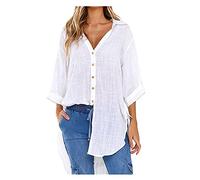 Blazer Damen Elegant Oversized Tshirt Damen Top Damen Einfarbig Revers Langarm Leinen Hemd Mit KnöPfen Und SchnüRen Seitlich Geknotetes Leinenhemd Oversize 3/4 Arm Leinenbluse Langarmshirt Baumwolle