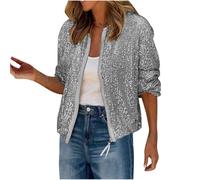 Blazer Damen Pailletten Jacke mit Glitzer Mode Leichte Mantel Langarm Anzug Winter Party Anzugjacke Übergangsjacke Cardigan Reißverschluss Jacket Kurzjacke Club Herbstjacke Einfarbig Kurze Blazerjacke
