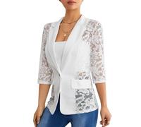 Blazer Damen Spitze Transparent Leicht Elegant 3/4 Arm Blazer Jacke Büro | Spitzen, Transparentes, Offene Vorderseite, 3/4-Ärmel, lässiger Blazer, Elegante Business Jacke, Leichte Oberbekleidung