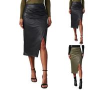 Bleistiftrock Damen Mit Schlitz Lederrock Lang Schwarz Sexy Knielang Wickelrock Bodycon Kunstleder Rock Business-Rock Elegant Pencil-Rock Bodycon Lederröcke Faux Leder Rock Pu Freizeitrock