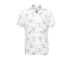 Blend 20715644 Shirt Herren Kurzarmhemd Herrenhemd Hemd Bowlinghemd Cuba-Kragen Umlegekragen Regular Fit Hochwertige Viskose-Qualität Flower-Muster Blumen, Größe:3XL, Farbe:Snow White (110602)