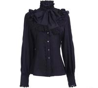 BlesConi Damen Viktorianische Bluse Gothic Lolita Shirt Vintage Langarm Lotus Rüschen Rollkragen Top Solid (M Schwarz)