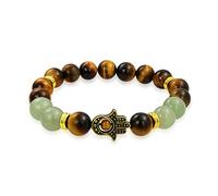 Bling Jewelry Brauner Tigeraugen Gefärbter Grüner Neujade-Rundperlen-Handstretch-Armband Mit Hamsa-Hand Für Frauen, Männer Und Jugendliche, Vergoldetes Metall