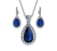 Bling Jewelry Klassische Mode Braut Birne Form 24X15 Solitär Teardrop Halo AAA CZ Simuliert Blauer Saphir Anhänger Halskette Passende Tropfen Ohrringe Schmuck Set Für Frauen Versilbert