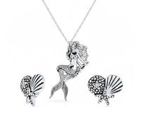 Bling Jewelry Nautische Ozean Strand Inspirierte Meerjungfrau Anhänger Halskette & Sanddollar Seestern Muschel Ohrstecker Schmuckset Für Frauen Teenager Oxidiertes .925 Sterlingsilber