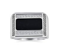 Bling Jewelry Personalisieren Geometrisches Pflaster CZ Akzent Kubisch Zirkonia Herren Rechteck Signet Statement Griechischer Schlüssel Design Band Ring Für Männer Schwarz Emaille Edelstahl