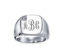 Bling Jewelry Personalisierter Herrenring Mit Zirkonia Akzent Monogramm Initialen Statement Siegelring Für Männer Silberfarbener Edelstahl Individuell Graviert