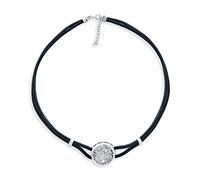 Bling Jewelry Runde Scheibe Medaillon Echtes Schwarzes Leder Keltische Sonne Aufgehen & Wishing Tree Of Life Collar Halsreif Halskette Für Frauen .925 Sterling Silber