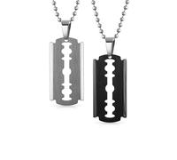 Bling Jewelry Set aus zwei personalisierten Hip-Hop-Biker-Punk-Rock großen Rasierklingen-Dog-Tag-Anhänger-Halsketten für Männer, silber-schwarz plattierter Edelstahl, 20 Zoll Kugelkette, anpassbar.