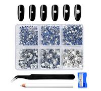 Blinginbox Hotfix-Strasssteine für Kleidung, Schuhe, Taschen, Handy, Geldbörse, Basteln, Nagelkunst, flache Rückseite, rund, Glaskristall, gemischt, 6 Größen, Set mit Pinzette, Wachsstift und Spitzer,