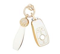 BLINGOOSE Autoschlüssel Hülle für Mercedes 4 Tasten TPU Car Schlüsselgehäuse Schutz Abdeckung Bling Keychain für Benz AMG A C E G S CLA GLA GLB GLE CLS GLS Girly Frauen Gold Weiss