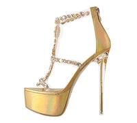 blingqueen Damen Plateau Sandaletten Sexy Sky High Heels T-Spange Sandalen mit Stilettoabsatz Gold Metallic 44 EU