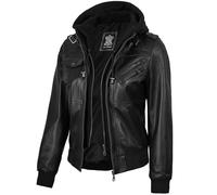Blingsoul Echte Lammfell-Lederjacke für Damen - Damen-Lederjacken mit abnehmbarer Kapuze, Edinburgh - Schwarze Jacke, L