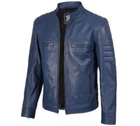 Blingsoul Echtes Lammfell Herren Lederjacken - Cafe Racer Style Premium Lederjacke Herren, Cafe Racer - Blaue Jacke, S