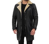 Blingsoul Schwarzer Trenchcoat für Herren - Winterjacke aus Lammfell, lange Lederjacken für Herren, Schwarz/Beige - Turlock-Mantel aus Lammfell, M