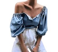 Blitzangebot, 50 Cent Artikel, Jeansjacke Damen Stretch Damen Off Shoulder Denim Mit Blasenärmeln Lässig Sexy Freizeitjacke Oberteil Damen Langarm, Sale Angebote