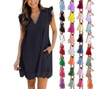 blitzangebote Damen Damen Sommerkleider Rüschen Ärmel V-Ausschnitt Casual Knielang Kleid Ärmellos Strandkleid Leichte Kurze Freizeitkleid A Linie Minikleid maxikleid Damen Sommer schwarz