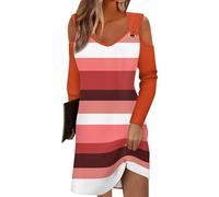 blitzangebote des Tages 50 Style Damen Kleider Kleid mit Hose drunter langes Kleid Gestreiftes V-Ausschnitt Cold Shoulder Lange Ärmel Knielang Kleid Elegante Kleider jeanskleid (Watermelon Red, M)