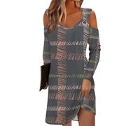 blitzangebote des Tages Abendkleid Damen Party Kleider Damen Kleid a Linie Sommer Gestreiftes V-Ausschnitt Cold Shoulder Lange Ärmel Knielang Kleid lila Kleid Swing Kleid (Dark Gray, M)