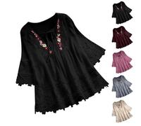 Blitzangebote des Tages Aktuell Spitzen Bluse Damen Elegant Leinenbluse Sommer Lose Baumwolle Leinen 3/4 Ärmel Shirt V-Ausschnitt Vintage Blusenshirt Musselin Shirts Meine Bestellungen Anzeigen Konto