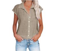 Blitzangebote des Tages Bluse Damen Sommer Baumwolle Leinenbluse V-Ausschnitt Button-Down Hemdbluse, Marineblau Bluse V Ausschnitt Damen Damen Bluse Weiß Fashion 2024 Blusehemd Einfarbig