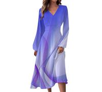 Blitzangebote Des Tages Boho Kleid 2024 Damen Lang Herbst Kleider V-Ausschnitt Liniendruck Langarm Kleid Elegant Tunika Midikleid Sommerkleid Damen Leicht Kleid Damen Sommer Langarm Kleid Damen,Grau,M