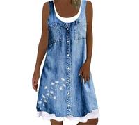 Blitzangebote des Tages Damen Jeanskleid Sommer Kurze Ärmel Button Down Gestaffelt Denim Kleid, Jeanskleid Damen Sommer Blusenkleid Damen Hemdblusenkleid Damen Lang Strandkleid Damen Wickelkleid