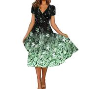 Blitzangebote des Tages Damen Sommer Elegant V-Ausschnitt Kurzarm Sommerkleid,Vintage Farbschreibweise Blumen Print, Jersey Kleid Business Outfit Damen Kleid Angebote des Tages Heute