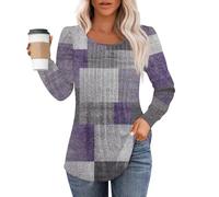 blitzangebote des Tages Oberteile Damen Sommer t-Shirt Vatertag Spitze Muster Drucken Falten Rundhals Lange Ärmel T-Shirt Bluse lang Damen Sportshirt (Purple, XL)